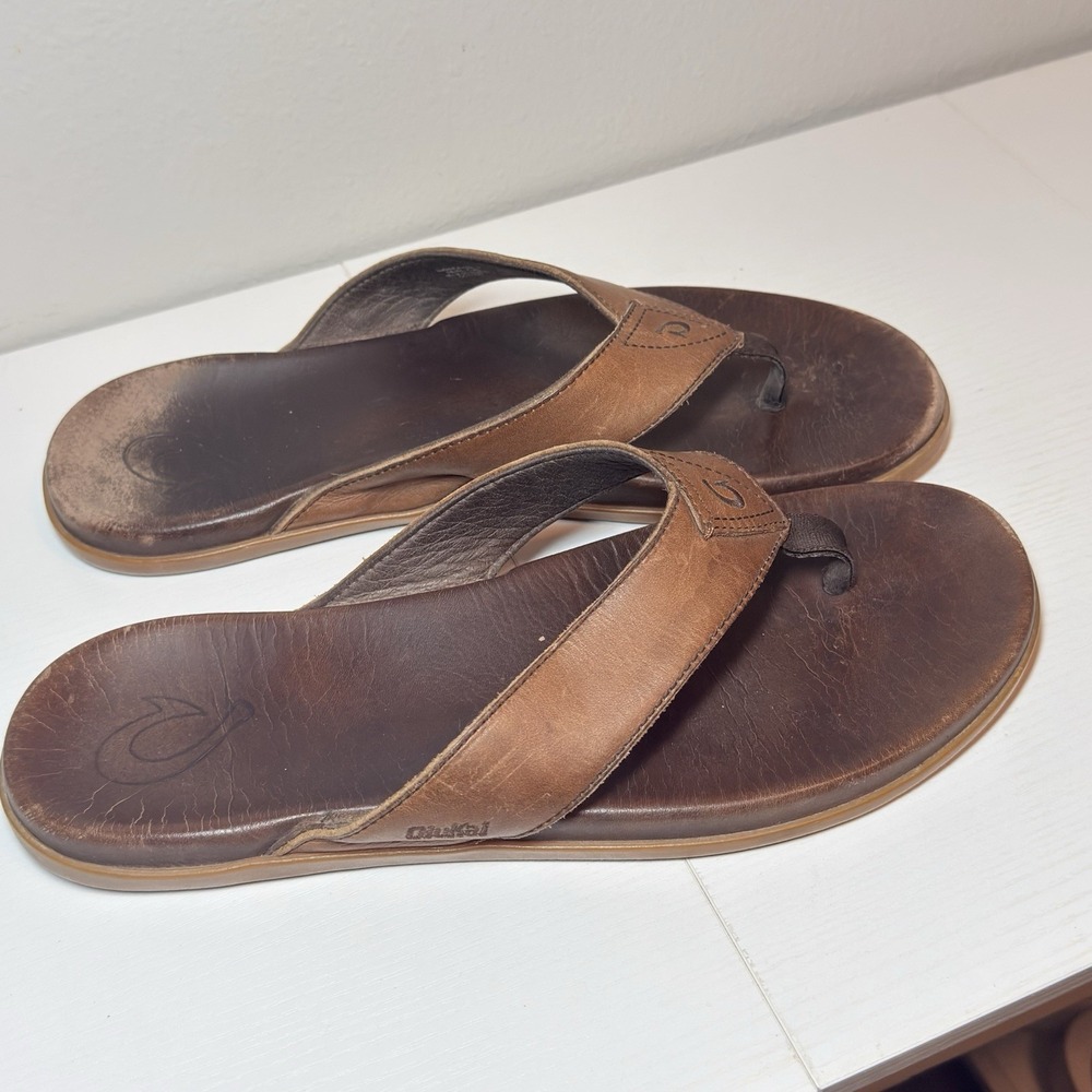 OluKai Nalukai Leather Flip Flop Thong Sandals Brown 10386-6363 Men's Sz 14 - Picture 3 of 7